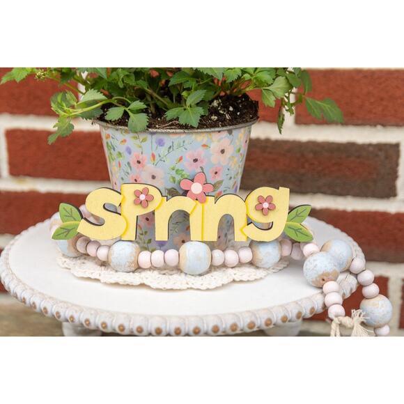 Wooden Cutout SPRING Decoration Pink Flowers Farmhouse Table Springtime Decor - Picture 3 of 3